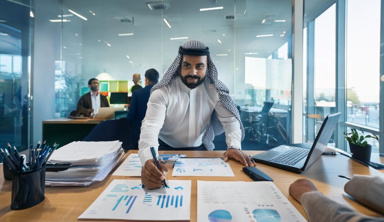 man-sits-desk-with-paper-with-number-10-it